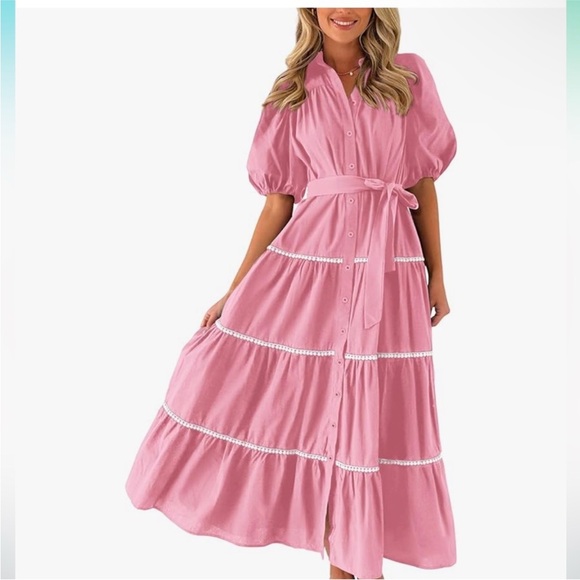 Pretty Garden Viscose Blend Button Down Shirt Dress Puffy Sleeve Tiered - Picture 2 of 9